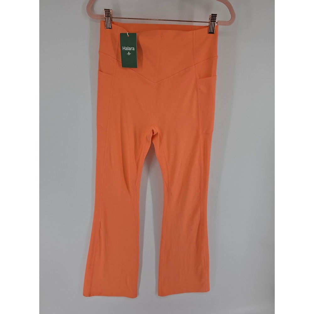Halara High Waisted Crossover Scrunch Butt Flare Leggings Orange Pockets Medium